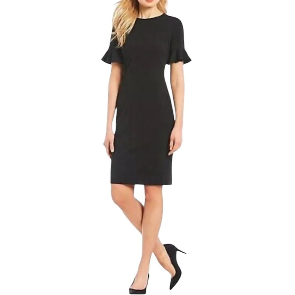 Calvin Klein Womens Black Crepe Ruffle Sleeve Sheath Dress  Size 8 - Picture 3 of 15